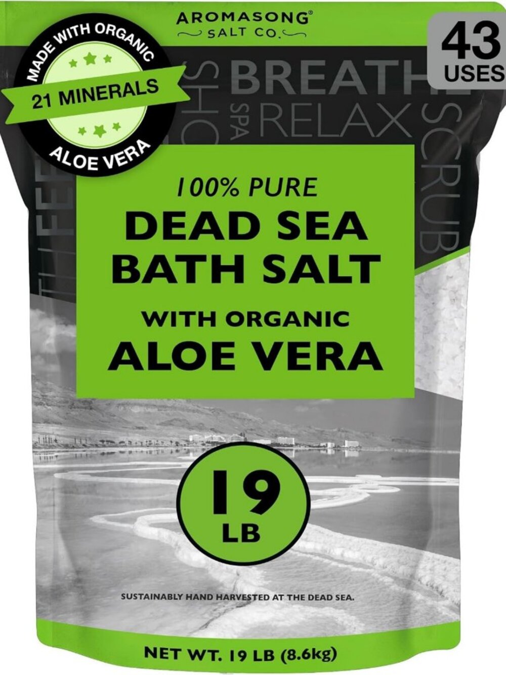 Organic Aloe Vera Dead Sea Salt Bath Soak - 19 lbs Spa Salts for Muscle Relief